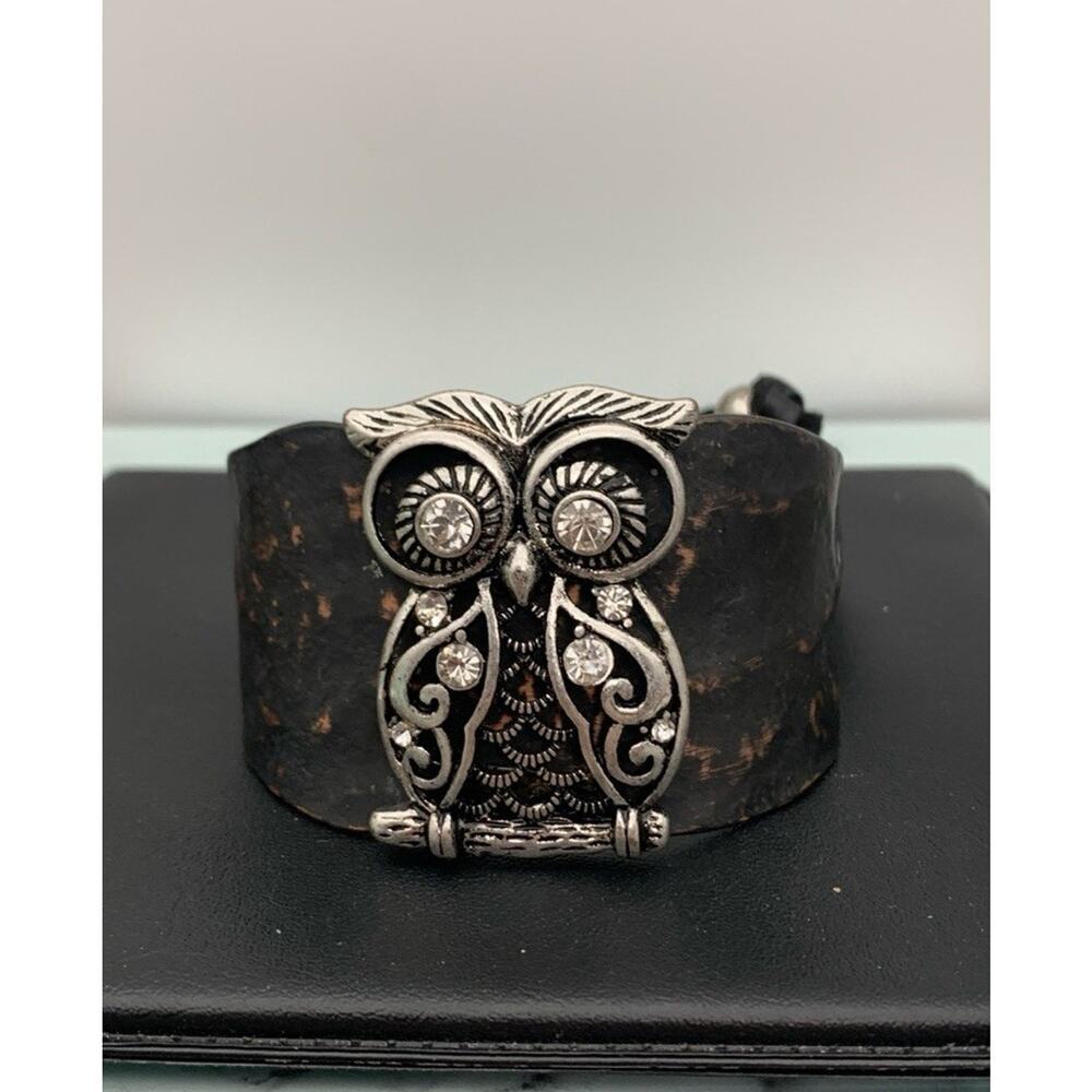 Antiqued Copper Cuff Bracelet‎ With A Silver Tone Owl W Rhinestones Adj. Boho